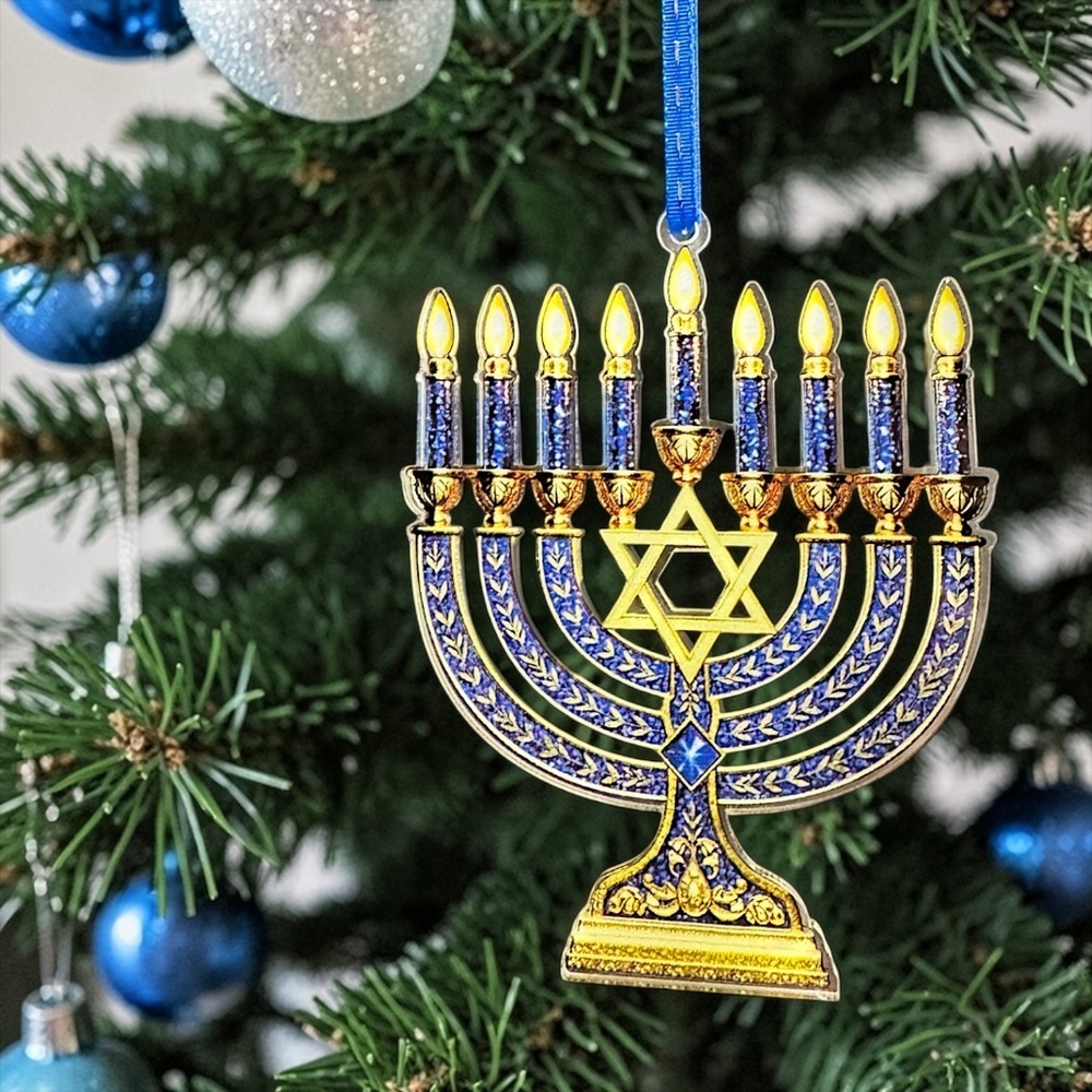 Menorah Ornament Hanukkah Tree Decor Blue Gold Jewish Holiday Gift - Picture 5 of 9